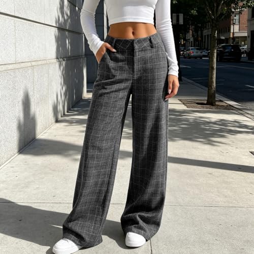Womens Plaid Straight Leg Pants High Waist Pocket Checked Casual Trousers - image 8