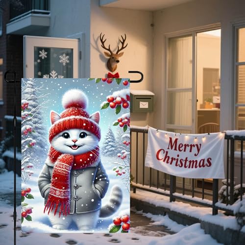 Image of BlissYard Garden Flag Kitten Red Hat Winter 12x18 Inch Polyester