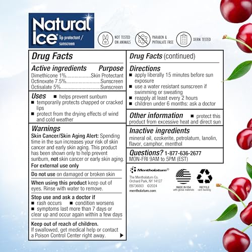 Natural Ice Mentholatum Lip Protectant Spf 15, Cherry Flavor, 0.16-Ounce Tubes (Pack Of 12)