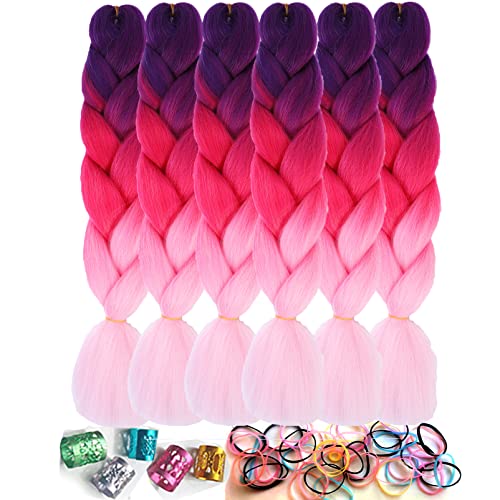 Liliyab Braiding Hair, Pink Braiding Hair Pre Stretched, Easy Crochet Braids, Soft Rainbow Colors Synthetic Fiber Hair Extensions For Box Braids (Purple-Pink-Light Pink-C25) #TOP9