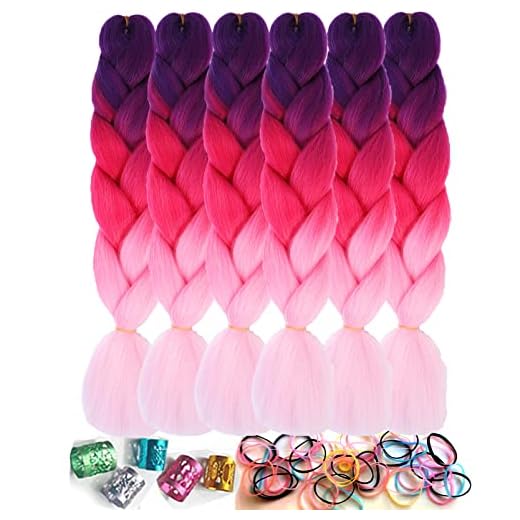 Liliyab Braiding Hair, Pink Braiding Hair Pre Stretched, Easy Crochet Braids, Soft Rainbow Colors Synthetic Fiber Hair Extensions for Box Braids (Purple-pink-light pink-c25)