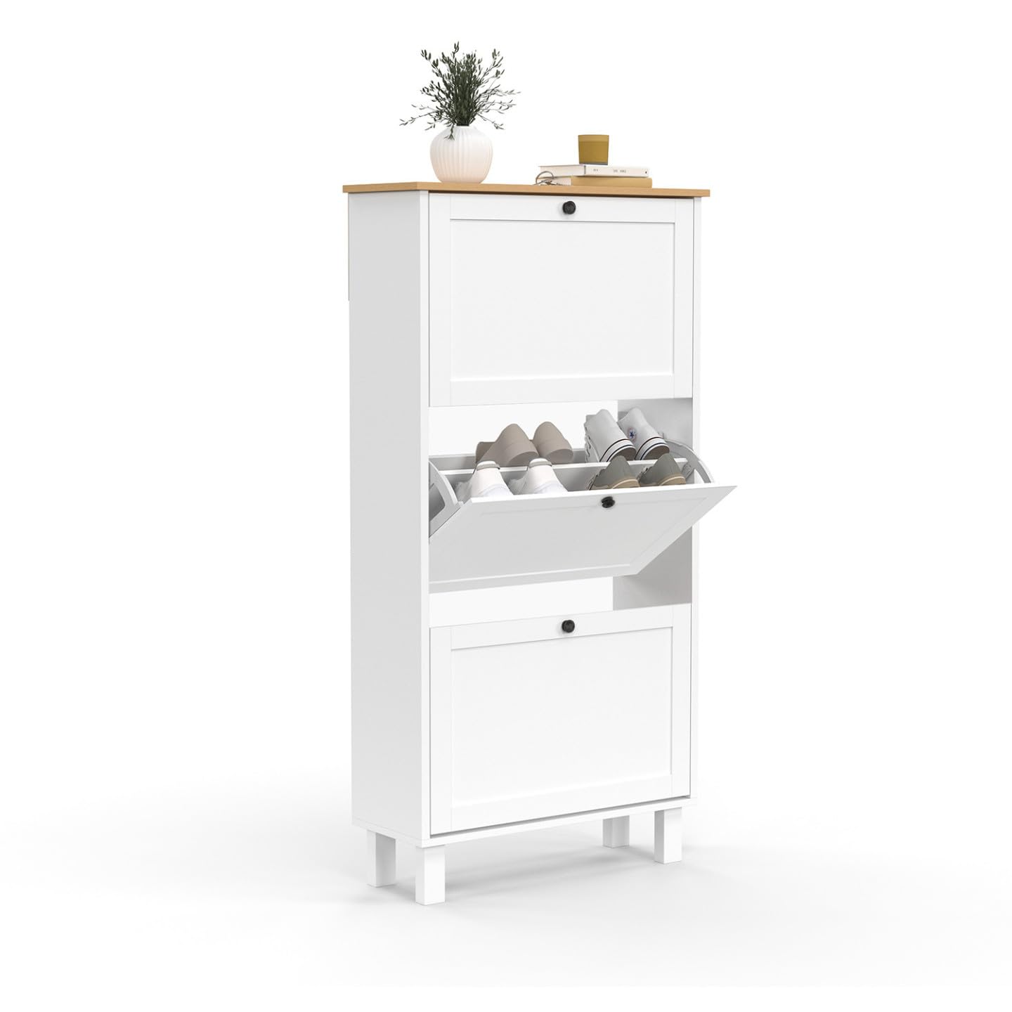 IDMarket – Mueble para zapatos 18 pares Aquiles 3 puertas blanco y bandeja madera