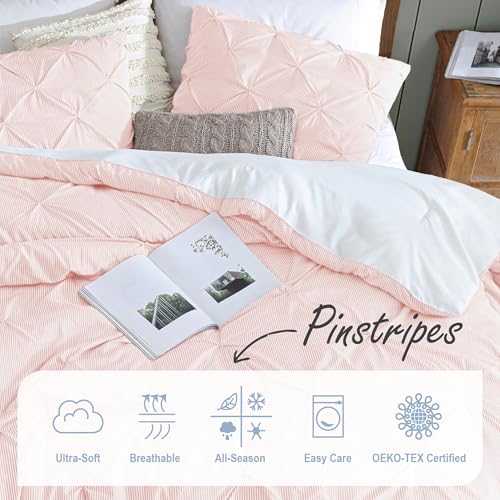 Image of Swift Home King Pinstripe Peach Pink Comforter Set - Classic Pintuck Bedding Set - 3 Pieces Bed Linen, 1 Comforter and 2 Pillow Shams