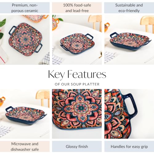 Image of Nestasia Mandala Ceramic Serving Platter with Handles - Square Floral Serving Tray with Glossy Finish | Dishwasher & Microwave Safe Serving Platter for Snacks, Salads & Starters (Blue)