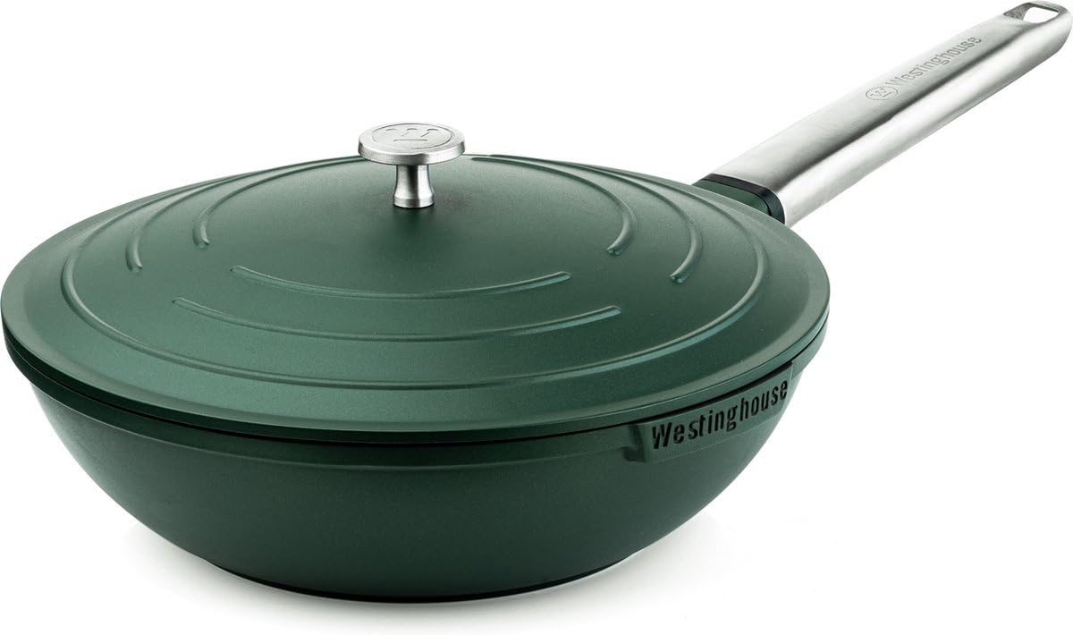 Westinghouse PERFORMANCE SERIES Wok Pfanne mit Deckel, Beschichtete Pfanne 28 cm mit Edelstahl-Griff, Bratpfanne Induktion, Für jeden Herd, Non Stick Pan, Ofenfest & Spülmaschinenfest, Grün