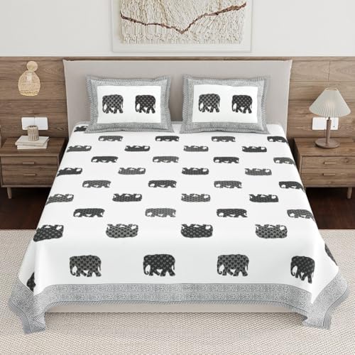 Image of Living Roots Ethnic Jaipur Block Print Double Cotton Bedsheet & 2 Pillow Covers, for Mattress Upto 6 inches Thick, No Colour Bleeding, Grey Colour, King Size 90 * 108 inches, 120TC (615-B)