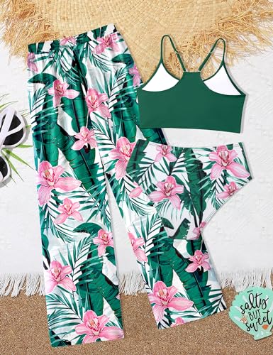 Image of NECIOUS Girls Swimsuit, 3 Piece Bikini Bathing Suit Tropical Floral Swimwear with Cover Up Pants 7-16Y