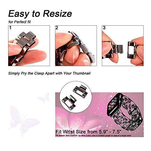 Image of Floral Band for Apple Watch Band, Women, Black, 42 /44 /45 /46 /49mm | Bling Crystal Bracelet Hollow Metal Strap, Delicate & Chic, Fits iWatch series 11 /10 /9 /8 /7, Ideal for Everyday & Casual