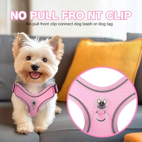 Feycig Hundegeschirr Kleine Hunde, Anti Zug Einstellbar Reflektierend Geschirr, Atmungsaktiv Weiches aus Mesh Geschirr Hund Leichtes Welpengeschirr Brustgeschirr mit Griff (Rosa, Small)