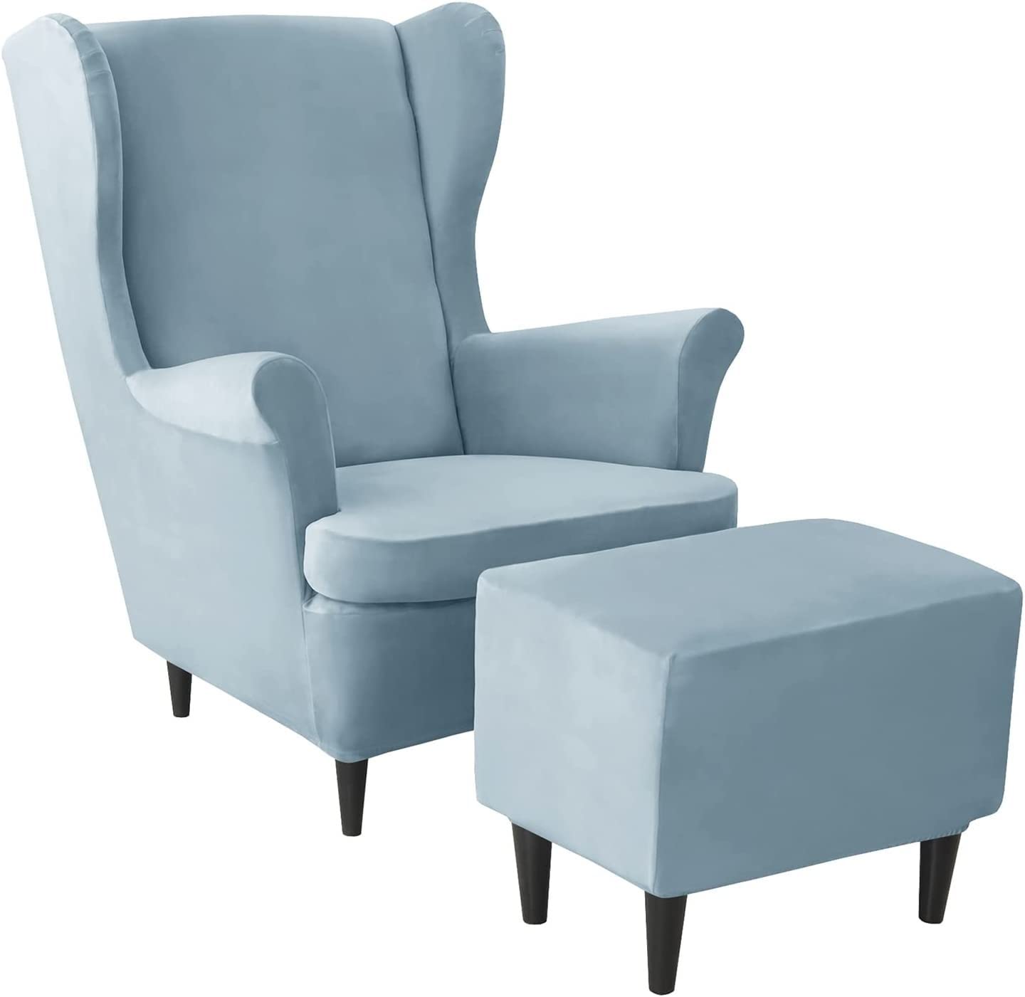 Housse de fauteuil à oreilles extensible et lavable avec housse de pouf rectangulaire