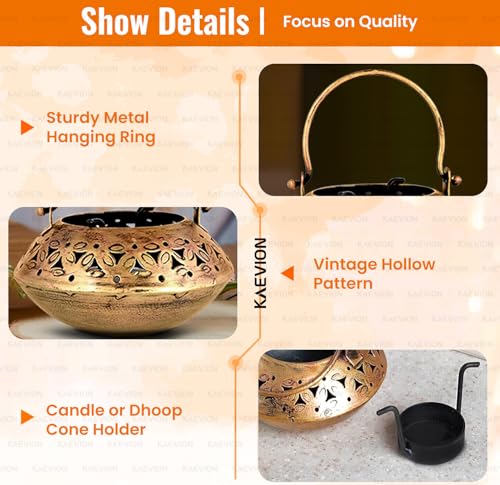Image of 5 pcs Wall Hanging Brass Metal Small Size 5 inch in Degchi String Light Holder | Tabletop Tea Light Candle Holder | Diwali Decoration String Light Incense Burner | Dhoop Dani Pot Diya Holder