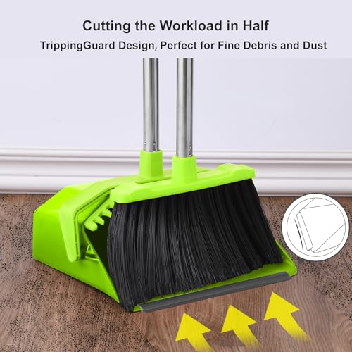 Image of Tiumso Upgrade Broom with Dustpan Combo Set, Broom and Dustpan Set with 51'' Long Handle, Large Upright Brooms and Dust Pans, ZeroGap Lip, Self-Cleaning Teeth for Lobby and Restaurant - Light Green