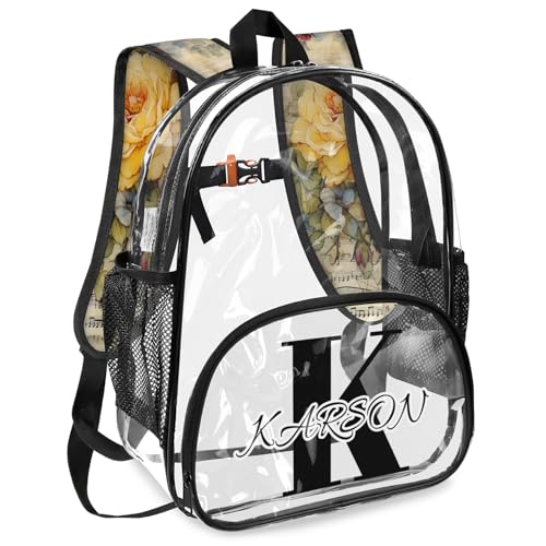 Personalized Large Clear Backpack Stadium Approved Heavy Duty PVC Plastic Custom Vintage Floral Transparent Backpacks See Through Bag with Name, Flower Butterfly2