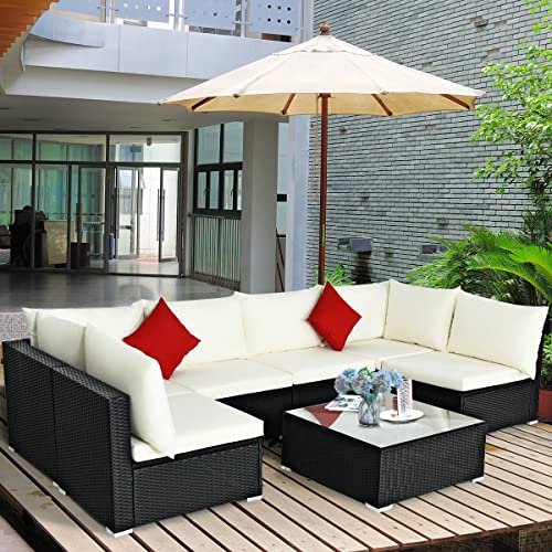 Image of DEVOKO 6 Seater Wicker Outdoor Garden Sectional Conversation Furniture with Glass Top Table & Waterproof Cushion for Patio, Deck, Lawn, Poolside (Black & White)