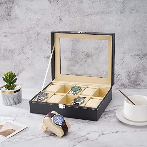 ULTRINA 10 Slot Watch Organizer Box with Glass Lid, Watch Case with Removable Watch Pillow, Velvet Lining, PU Leather, Metal Clasp, Jewelry & Watch Storage Box For Men’s & Women’s Gift. (10 SLOT)