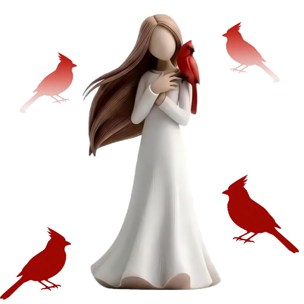 AIZAN Cardinal Remembrance Love and Serenity Figurine, 2026 New Angel with Cardinal Statue, Girl Statue Holding on Shoulder Gifts, White Resin Home Decor with Red Bird