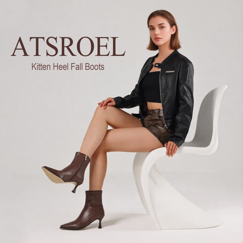 Image of Womens Brown Suede Fall Boots with Side Zip, Ankle, Mid Calf, Pointed Toe, Kitten Heel, Dressy, Short Boots