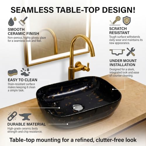 Image of Ceramic Tabletop Wash Basin - Glossy Rectangular Countertop Vessel Sink with Marble Finish for Bathroom & Vanity | Compact 18 x 13 x 5 Inch | Elegant Washbasin