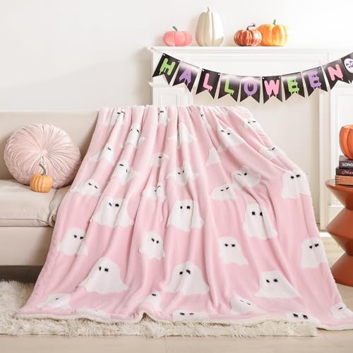 Smoofy Throw Blanket Halloween Blanket with White Ghost Pink Throw Blankets for Bed and Couch Soft Fluffy Fleece Blanket 60x80 inches