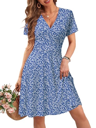 Image of MSBASIC Womens Summer Wrap V Neck Casual Dresses Floral Short Sleeve A-Line Midi Sundress