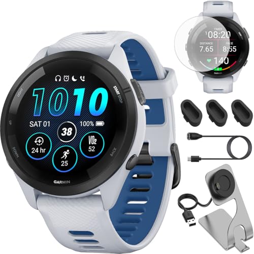 Garmin Forerunner 265 GPS Smartwatch, Whitestone/Tidal Blue Bundle with Deco Essentials Charging Dock Venu 3 + Silicone Dust Cover + Round Tempered Glass Screen Protector