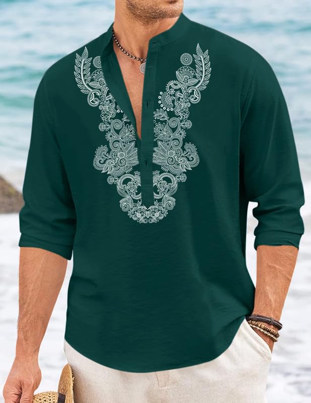 Image of FINIVO FASHION Men's Cotton Blend Short Kurta with Full Sleeves and Ethnic Neck Design | Casual Crinkle Texture Kurta with Mandarin Collar