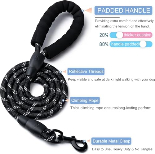 Image of Heavy Duty Dog Leash for Walking & Training 5ft | Reflective Rope Leash with Padded Handle | Anti-Pull Strong Dog Lead for Medium & Large Dogs | 360 Swivel Hook | Night Safety (Black, 5 FT)