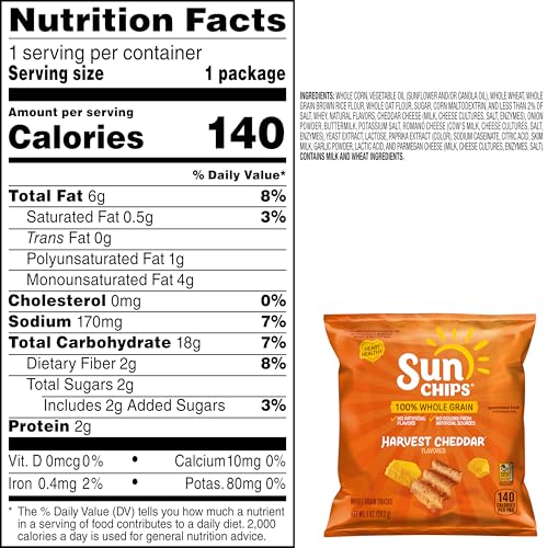 SunChips Harvest Cheddar Flavored Multigrain Snacks, 1 Ounce (Pack of 104)