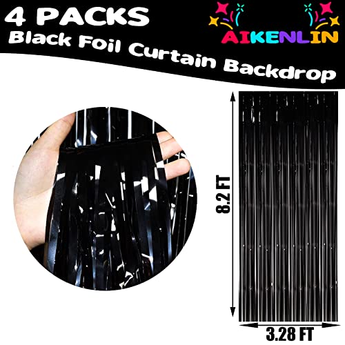Image of 4 Pack 3.2Ft x 8.2Ft Black Foil Fringe Curtain Backdrop, Metallic Tinsel Foil Fringe Streamers Curtains Background for Photo Booth, Birthday, Wedding, Halloween, Christmas Party Decoration