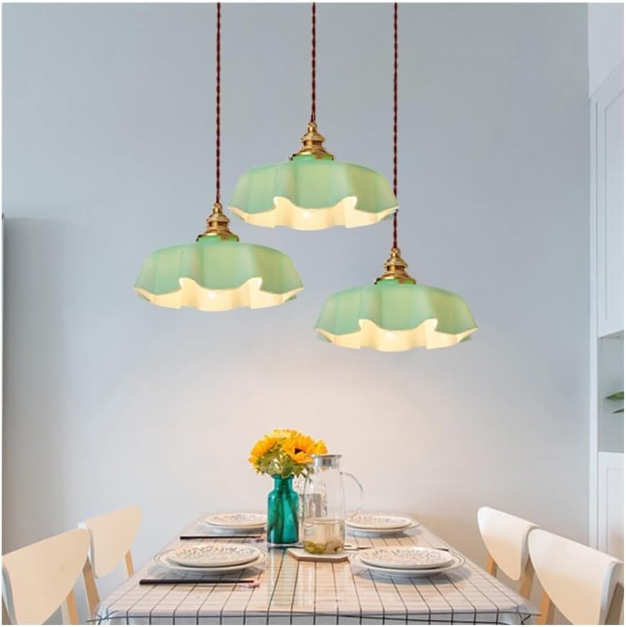 Retro francuski kremowy kształt kwiatu szklany wisiorek oprawy oświetleniowe 2 szt. kolorowa lampa klosz mosiężna lampa wisząca, do jadalni salonu (zielona)