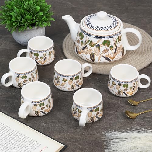 Image of CRAF10 Handcrafted Ceramic Botanic Gold Teapot Cup Set - 1 Kettle (1 Litre) & 6 Cups (160 ML), Microwave & Dishwasher Safe | Morning Set | Tea Sets with Kettle for Gifting