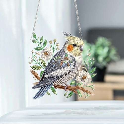 Image of AiYuanzsh Large Diamond Art Suncatcher Hanging Kit Parrot with Flowers, Special Shaped Diamond Painting Ornament for Adults, Colorful DIY Window & Wall Decoration, Crystal Diamond Art Kit