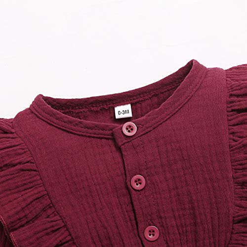 YALLET Newborn Baby Girl Clothes Solid Long Sleeve Baby Onesies Cotton Linen Romper Jumpsuits Fall Infant Girl Clothes with Headband Red
