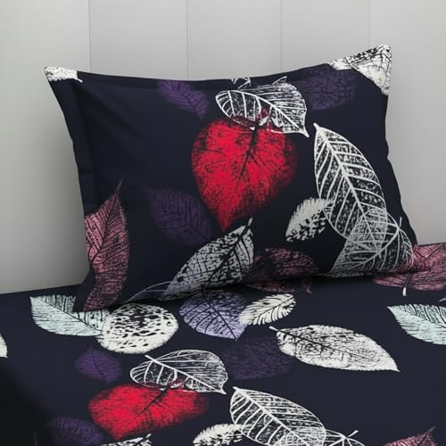 Image of Filymore Flat Single Bed Sheet with 1 Pillow Cover | Black Leaf Design Bedcover | 240 TC Soft Microfiber Single Bedsheet | Breathable, Wrinkle Resistant & Lightweight | 90x60 Inches | Black & Red