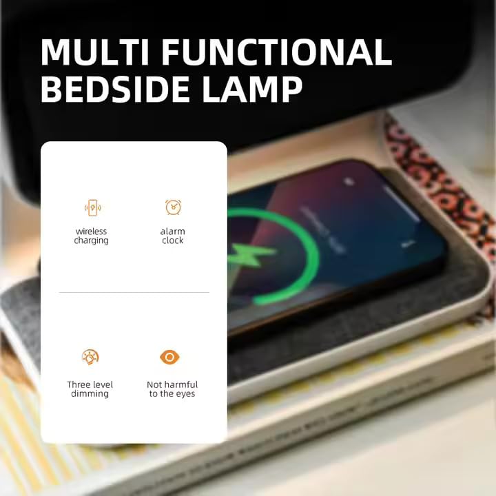 Luz De Noche Para Mesita De Noche, Lámpara De Lectura Con 3 Configuraciones De Luz, Despertador Con Pantalla Digital LED, Carga Inalámbrica, Luz De Despertador Para Quienes Duermen Profundamente
