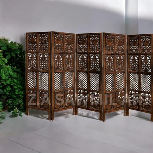 Image of Wooden Partition for Living Room, Privacy Divider, Wooden Room Separator, Divider for Office, Partition for Puja Room, (Mix Frame Design - Brown) (5 Feet - 5 Panels)