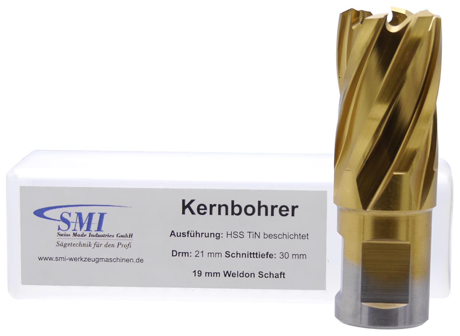 SMI HSS TiN Kernbohrer 21 mm Drm. Schnitttiefe 30 mm, Aufnahme 19 mm Weldonschaft