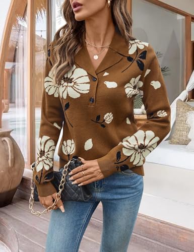 Image of LOMON Sweaters for Women 2025 Fall Knitted V-Neck Collared Button Pullover Dressy Casual Long Sleeve Polo Shirts Business