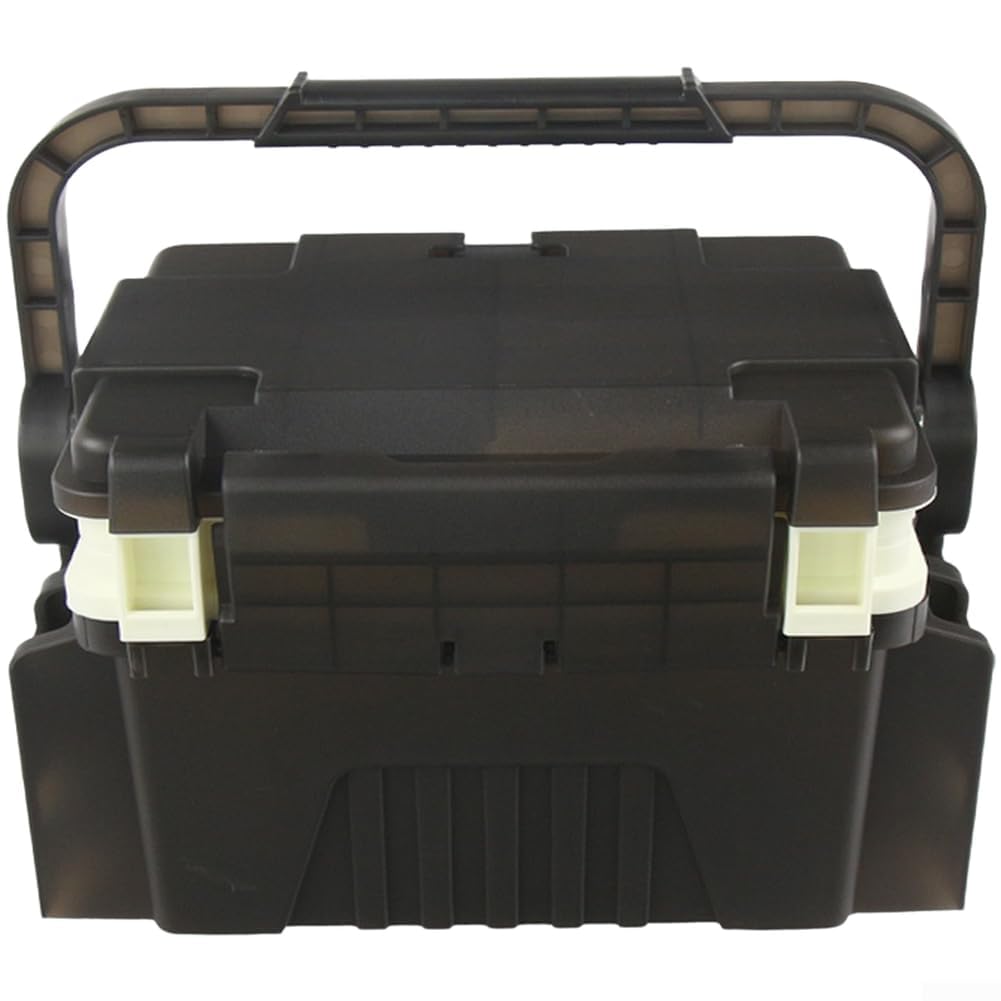Caja de aparejos de pesca con asiento, almacenamiento multicapa de gran capacidad para señuelos y cebos, compartimentos ajustables, funda portátil para equipo de pesca en el mar con correa para el