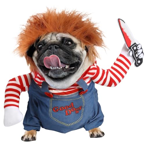 T2Y Dog Halloween Costume Pet Deadly Doll Chucky Dogs Costume with Knife & Wig, Dog Costumes for Medium Dogs Funny Party Cosplay Halloween for Corgi, Pug, Frenchie, Dachshund【L】