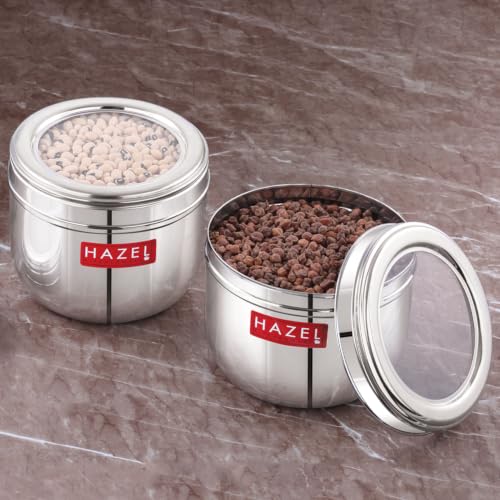 Image of HAZEL 1000ml Steel Container, Set of 2 | Transparent Lid Kitchen Jar