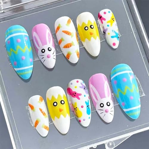 24pcs Easter Press on Nails Medium Almond Fake Nails with Cute De...