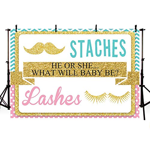 MEHOFOTO Staches or Lashes Gender Reveal Party Photo Studio Background Blue or Pink Gold Glitter He or She Baby Shower Decoration Backdrops Banner for Photography 7x5ft