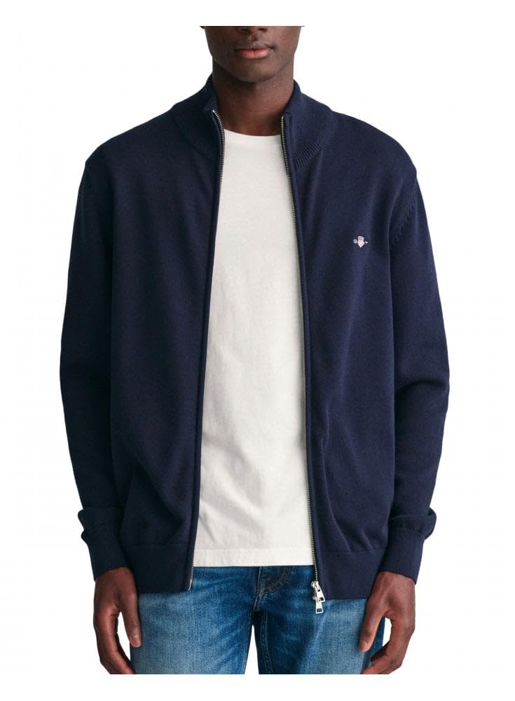 GANT Men's Casual Cotton Zip Cardigan, Evening Blue, L
