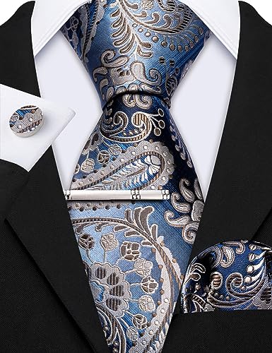 Image of Barry.Wang 6 PCS Men Ties Set Silk Business Fashion Woven Necktie Handkerchief Cufflinks Paisley Stripe Wedding Party