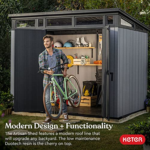 Image of Keter Artisan 9x7 Foot Large Outdoor Shed with Floor with Modern Design for Patio Furniture, Lawn Mower, Tools, and Bike Storage, feet, Grey /Black