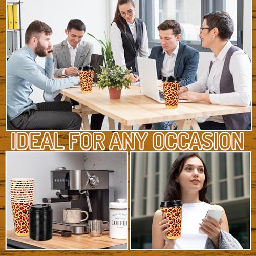 Whaline 50 Pcs Leopard Print Paper Cups Disposable Coffee Cups with Lids 16oz Brown Red Safari Animal Cheetah Party Cup for Hot Cold Drinks Beverage Mother's Day Birthday Holiday Party Supplies