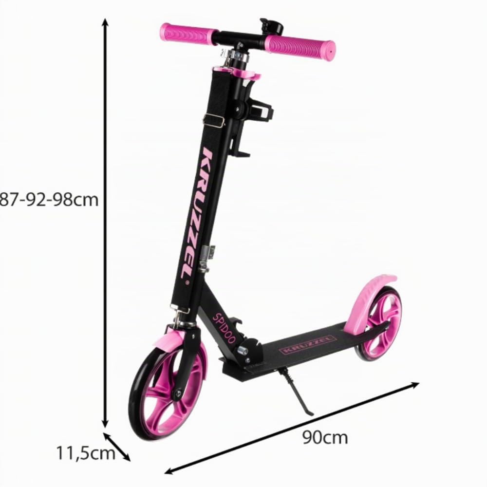 KRUZZEL Roller Kinder Klappbar ab 8 Jahren bis to 100 kg 200-mm-Räder - Höhenverstellbar Lenkrad 87–92–98 cm -Scooter Rosa mit Fußbremse und Flaschenhalter - Aluminiumrahmen 25628