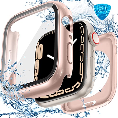 Image of 3 in 1 Goton Waterproof Hard Case for Apple Watch Screen Protector 40mm, 360 Slim Full Protective Tempered Glass Face Cover + Back Hard PC Bumper for iWatch SE 3 /SE 2 /SE, Series 6 /5 /4, 40mm Rosegold