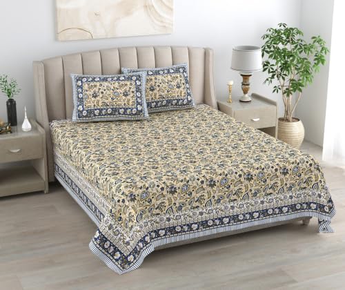 Image of 300 TC 100% Pure Cotton Bedsheet for Double Bed King Size (90x108) inch, Jaipuri Print Double Bedsheet Cotton with 2 Pillow Covers, Sanganeri Printed Flat Bed Cover